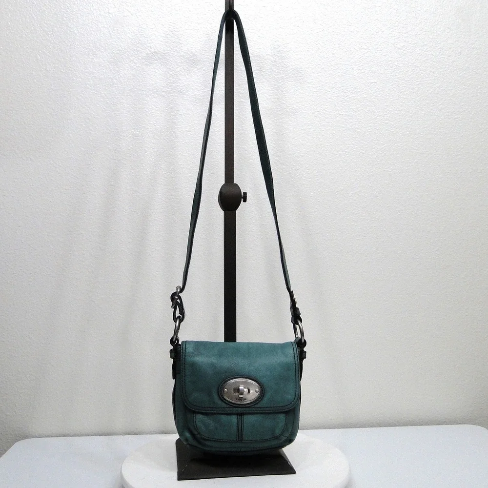 Fossil‎ Long Live Vintage 1954 Teal Leather Crossbody Bag Turnlock Small